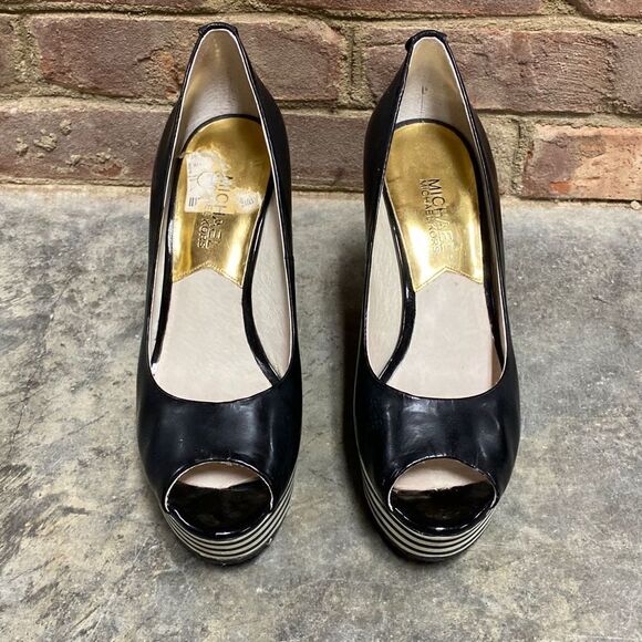 Michael Kors Black Leather Striped Peep Toe Platform Wedge Size 8 - Picture 2 of 10